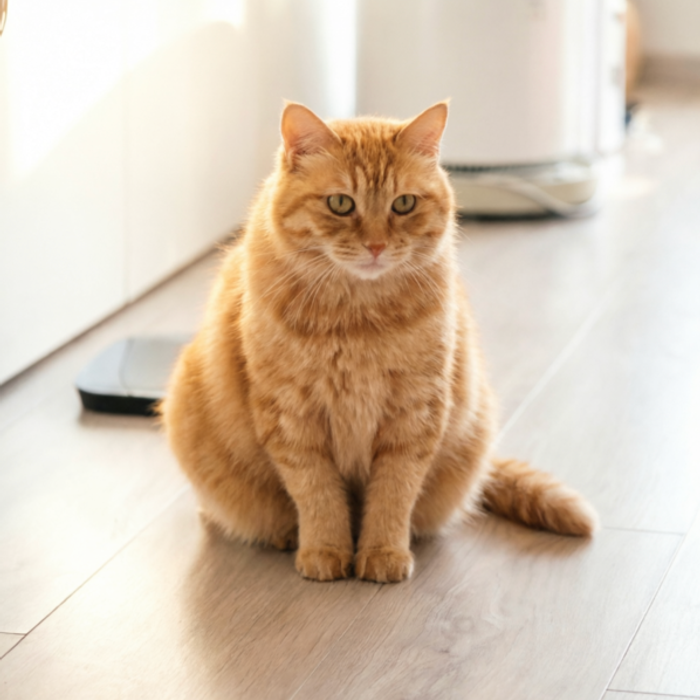 一只坐在室内地板上的橘色猫